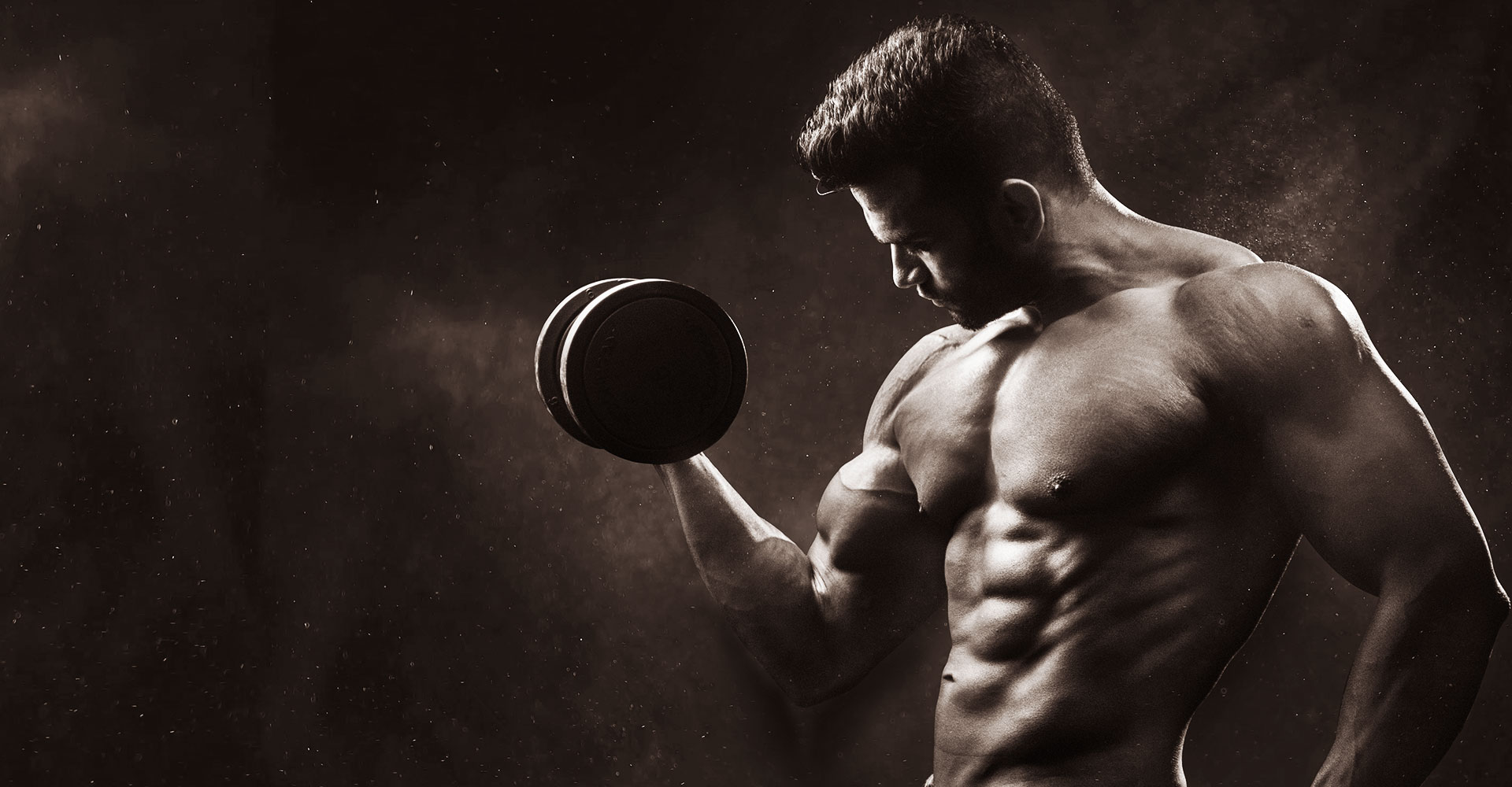 Muscular figure lifting a dumbbell.